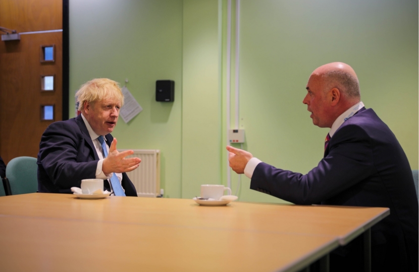 PM Boris Johnson and Paul Davies AM chatting at the Welsh Conservative Party Confrence in Llangollen in March 2020.